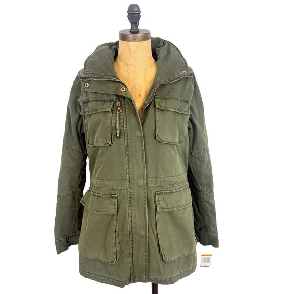 STEVE MADDEN Utility Jacket Coat S Olive Green Packable Hood Zip Snap NWT B76 - Picture 1 of 5